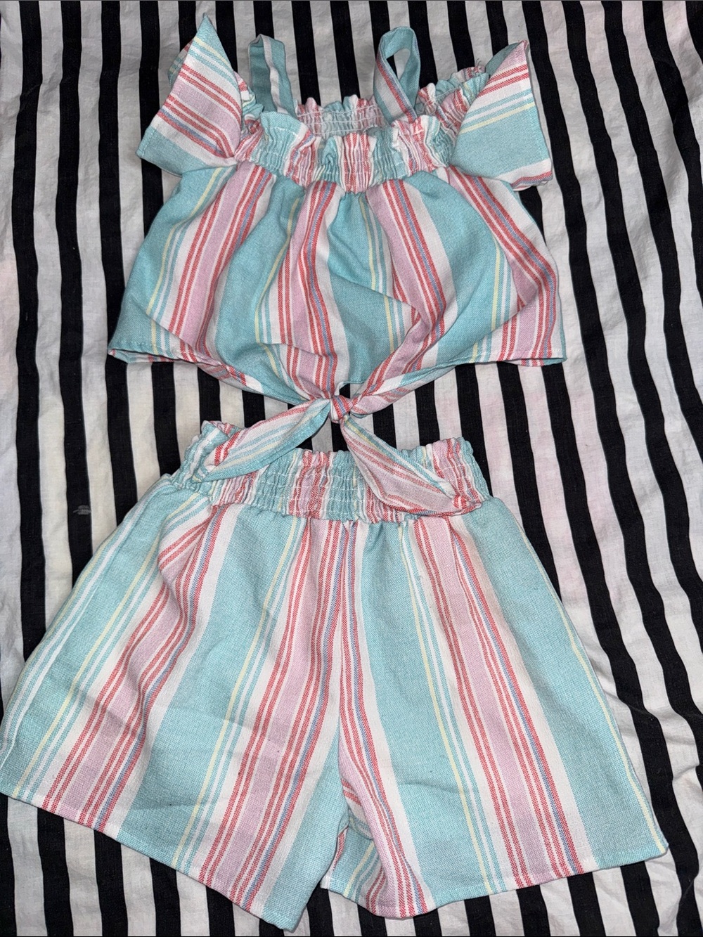 Love Squared Aqua, Pink & White Striped Girls Shorts Set